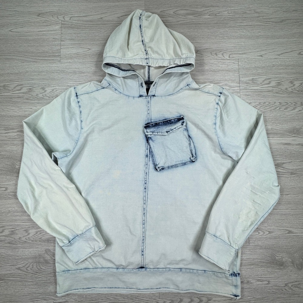 KITE Mens Hoodie Acid Wash Light Blue Large Long Sleeve Chest Pocket Pullover